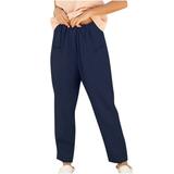 Dadaria Linen Pants for Women Beach Petite Loose Cotton Linen Ladies Solid Elastic Waist Wide leg Button Pants Navy XL Female