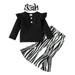 JDEFEG Girls Clothes 2T-3T Baby Girls Long Ruffled Sleeve Solid Ribbed Tops Striped Print Trousers Flares Pants with Headbands Outfit Set Clothes 3Pcs Outfit Cotton Black 24M