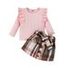 JDEFEG Baby Girl Clothes Bundles Toddler Girls Ruffles Long Sleeve Solid Ribbed T Shirt Tops Plaid Prints Bow Tie Skirt Outfits Teen Sweatpants Outfit Cotton Blend Red 80