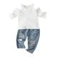 JDEFEG Welcome New Baby Girl Toddler Kids Baby Girls Long Sleeve Ribbed T Shirt Tops Hole Crop Denim Jeans Long Pants 2Pcs Outfits Clothes Set Baby Girl Three Piece Set Cotton White 90