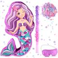 Mermaid Pinata Bundle Mermaid Party Supplies with Blindfold, Bat and Filler for Under the Sea Mermaid Theme Birthday Party Carnival Activity Decorations, 16 x 13 Inch