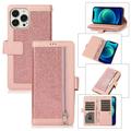 Wallet Case for iPhone 14 Pro Shining Zipper Pocket Cover Glitter Sparkle Luxury PU Leather Magnetic Flip Folio Case with Card Slots Kickstand Wrist Hand Strip Shockproof Case Pink