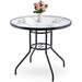 31.5 Outdoor Patio Bistro Metal Dining Table Round Glass Top Patio Table with Umbrella Hole for Backyard Lawn Balcony Deck