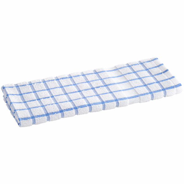 Oxford Kitchen Ensemble 15" x 25" White / Blue Windowpane 32 oz. 100% Ringspun Cotton Kitchen Towel - 144/Case