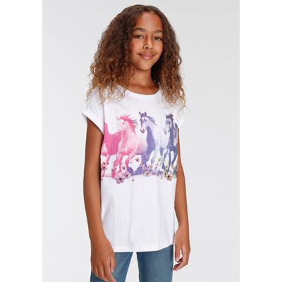 T-Shirt KIDSWORLD "Pferde", Mädchen, Gr. 152/158, weiß, Jersey, Obermaterial: 100% Baumwolle, bedruckt, weit hüftbedeckend, Rundhals, Kurzarm Aufschlag, Shirts, Kurzarm, bedruckt, Rundhalsausschnitt, aus Baumwolle Image