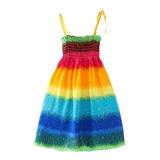 JDEFEG Kid Rompers for Girls Toddler Kids Girls Floral Bohemian Rainbow Flowers Sleeveless Beach Straps Dress Princess Clothes Cute Long Dresses for Girls Polyester Blue 100