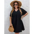 Robe noire à manches courtes pour femmes grande taille vêtements d'automne col en V ligne A