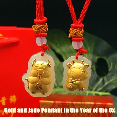 Pendentif du zodiaque chinois de l'année du bœuf bijoux en or 24K avec néphrite naturelle Jade