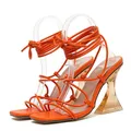 VEYKE-Sandales à Talons Hauts Transparents Croisés pour Femme Orange Lacets Carré Parker