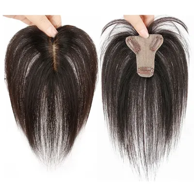 Toppers de cheveux naturels gris pour femmes postiche avec frange à Air 3D 7cm x 8cm pour une perte