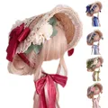 Chapeau à dessus plat en dentelle de Style Pastoral chapeau de paille avec ruban de fleurs chapeau