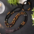 Collier Mala en œil de tigre jaune naturel 8mm Agate noire perles méditation Yoga bénédiction