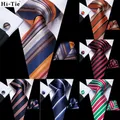 Hi-Tie – cravate en soie rayée Orange bleu pour hommes boutons de manchette Hanky cadeau pour