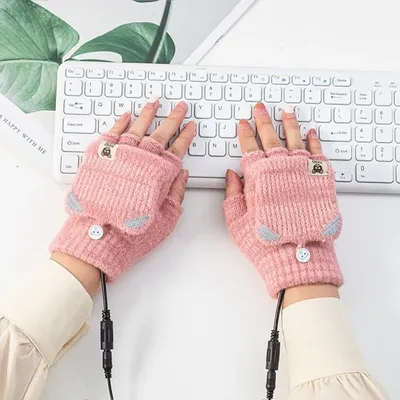 Gants chauffants à demi-doigts tissés USB chauds d'hiver sans doigts lavables tricotés pour