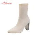 AphFête ta-Bottes chaussettes beiges pour femmes chaussures tricotées en métal Bling talon carré