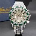 Montre verte pour homme entièrement glacée diamant style de luxe montres hip hop chronographe