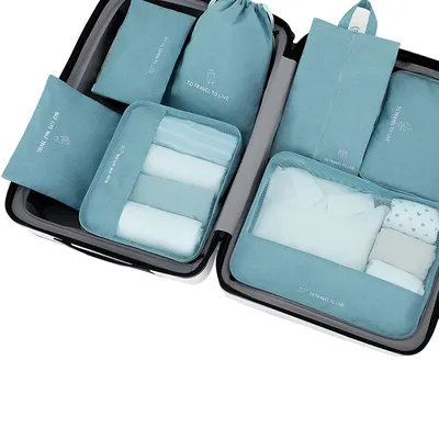 Valise bleue pour femmes ensemble de 7 pièces organiseur de voyage pour vêtements chaussures