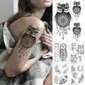 Autocollant de tatouage temporaire imperméable yeux bleus hibou attrape-rêve Flash loup Rose