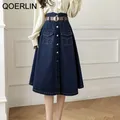 QOERLIN-Jupe en jean ceinturée pour femme jean taille haute ligne A chic poche vintage nouveau