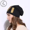 Bonnets de tête de mort pour Femme en coton noir chaud ample élastique doré métallique hiver