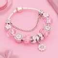 Bracelet à breloques fleur en émail cristal rose romantique pour femme document en argent perle de