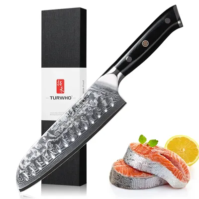 TURWHO – couteau Santoku de Style japonais 7 pouces 67 couches en acier damas Chef