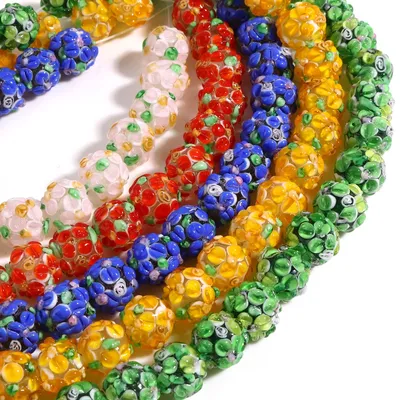 Perles multicolores en verre de 13mm 2 pièces perles rondes à fleurs amples pour bricolage