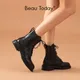 BeauToday-Bottes de rinçage en cuir de vache pour femme chaussures carrées à lacets avec bande