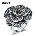 Kinel-Bague de Luxe en Clip et Strass pour Femme Grande Bague Rétro Unique Fleur Rose Noire