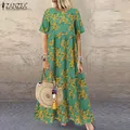 ZANZEA-Robe longue à manches courtes et col rond pour femme robe d'été vintage robe caftan