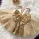 Robe de baptême pour petite fille Costume de princesse avec gros nœud motif floral Champagne
