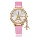 Montre en cuir rose pour femmes robe à la mode tour Eiffel bracelet à Quartz charme