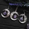 Collier et boucle d'oreille lune en cristal violet pour femme style sombre imbibé pendentif en