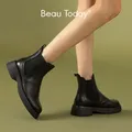 BeauToday – bottines Chelsea en cuir de mouton pour femmes bout rond ciré bande élastique