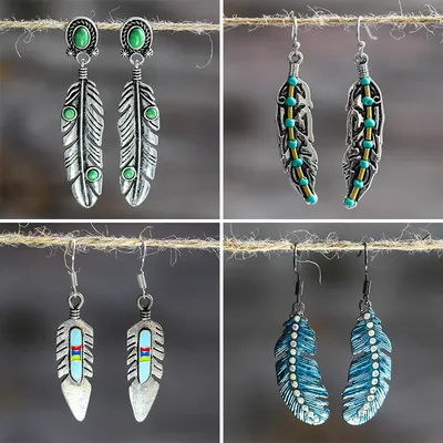Boucles d'oreilles Boho Vintage Metal Feather Dangle pour femmes Bijoux de fête ethniques indiens