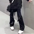 Jean Gothique Taille Haute pour Femme Pantalon Baggy à Jambes Larges en Denim Style Harajuku