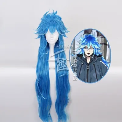 Idia Shroud-Perruque Synthétique Bouclée pour Homme Cosplay Anime Twisted Wonderland Long Bleu
