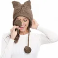 Bonnet tricoté à la main avec oreilles de renard ou de chat en laine tressée chaud tendance