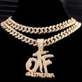 Collier avec pendentif lettres OTF pour hommes style Hip Hop cristal strass scintillant chaîne