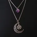 Collier en cristal Violet et lune avec couches de sorcières pentagramme cristal brut gothique