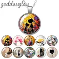 Pendentif rond en verre plaqué argent/cristal chat mignon empreintes d'animaux cabochon en verre