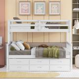 Twin over Full Size Wood Bunk Bed with Twin Size Trundle Bed and 3 Drawers, Separable Bunk Bed with Wood Slats