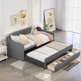 Twin Size Linen Upholstered Daybed with Twin Size Trundle Bed, Long Storage Drawer and Wood Slats