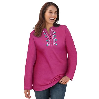 Plus Size Women's Embroidered Thermal Henley Tee by Woman Within in Raspberry Vine Embroidery (Size 4X) Long Underwear Top