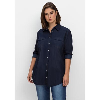 Jeansbluse SHEEGO "Große Größen", Damen, Gr. 58, blau (dunkelblau denim), Obermaterial: 100% Baumwolle, unifarben, casual, figurumspielend lang, Langarm, Blusen, mit Knopfleiste und Brusttaschen Image