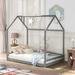 Full Size Simple Creativity Sturdy Pine Wood House Bed Open Frame Floor Bed with Roof and Chimey Decor