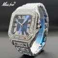 Montres à quartz de luxe pour hommes et femmes glacé diamant cadran bleu carré bijoux de fête