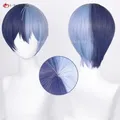 Aoyagi – perruque de Cosplay pour femmes cheveux courts demi-bleu noir demi-bleu clair