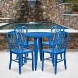 Latitude Run® Scotia 24" Round Metal Indoor-Outdoor Table Set w/ 4 Vertical Slat Back Chairs Metal in Blue | 35.25 W x 35.25 D in | Wayfair