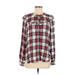 Old Navy Long Sleeve Button Down Shirt: Crew Neck Covered Shoulder Red Plaid Tops - Women's Size Medium